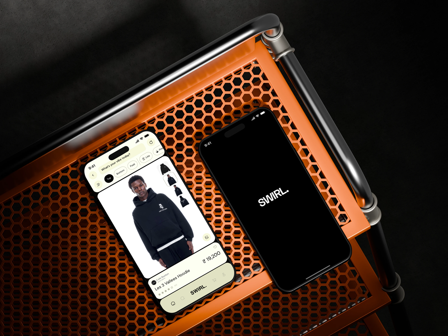 SWIRL app shown on two phones displaying fashion products
